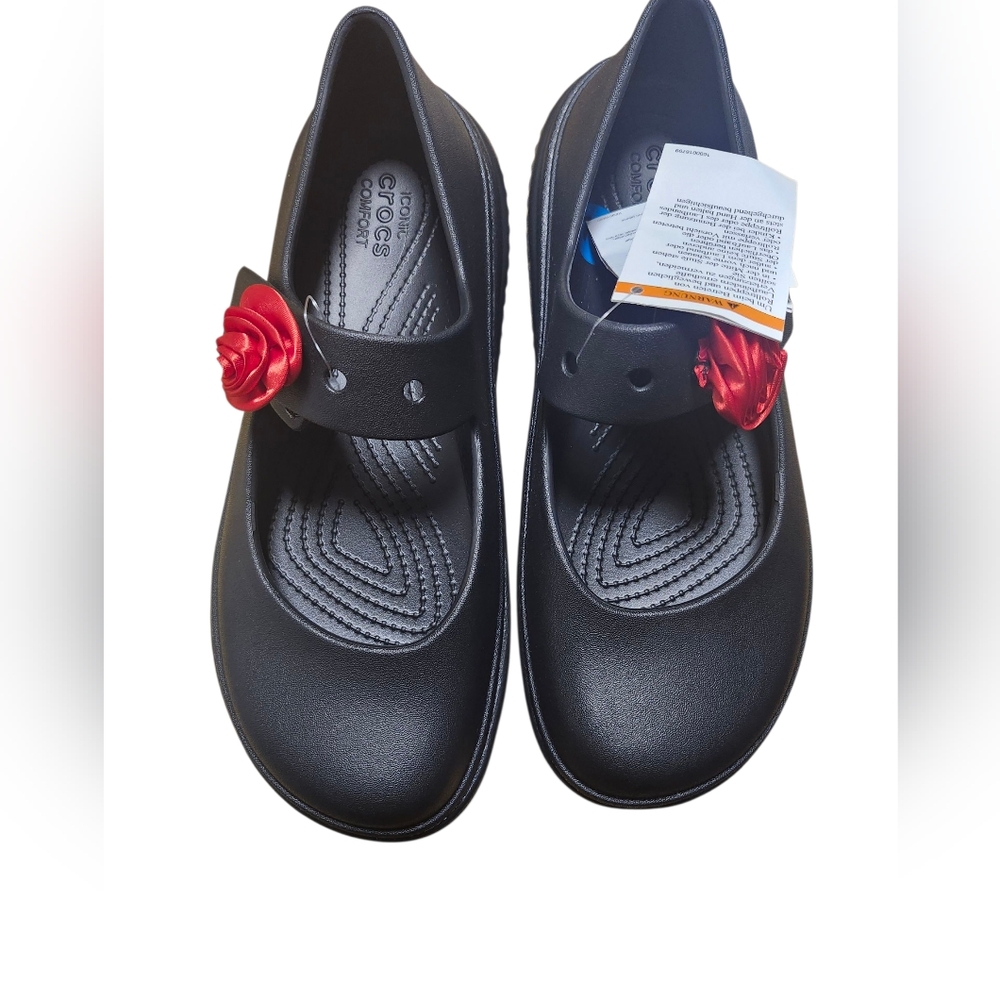 Crocs Stomp Rosette Mary Jane Platform Clog Women's 10 Black Goth Emo Grunge.